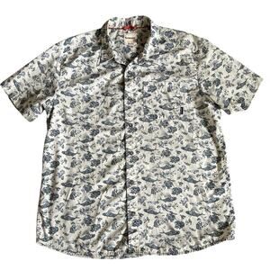 Men’s SIMMS Causal Short Sleeve Button Down Fishing Shirt Cream Navy Size Large